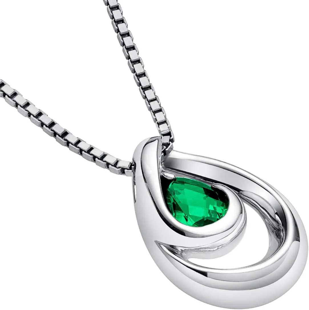 PEORA Sterling Silver Wave Pendant Necklace for Women in Various Gemstones, Pear Shape 7x5mm, with 18 inch Italian Chain