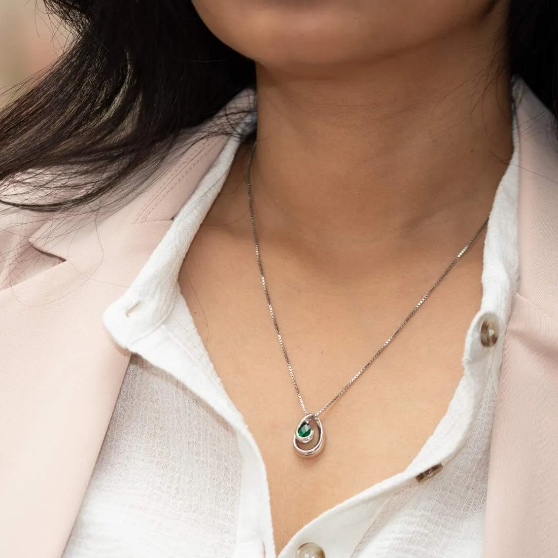 PEORA Sterling Silver Wave Pendant Necklace for Women in Various Gemstones, Pear Shape 7x5mm, with 18 inch Italian Chain