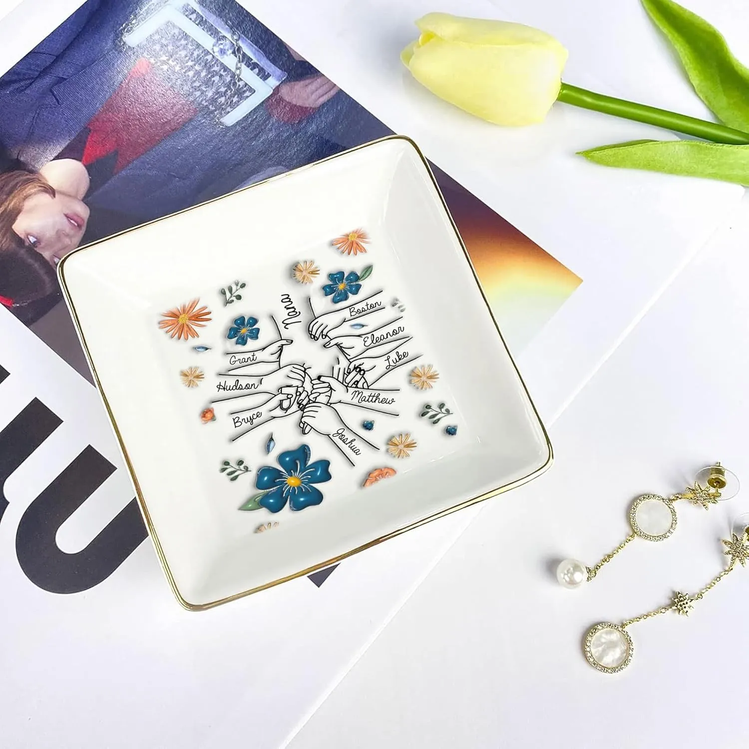 Personalized Birth flower Trinket Dish Name, Custom Ring Dish for Girl Women, Jewelry Dishs - Bridal Shower Gift - Mother's Day Gifts - Bride Gift - Bridesmaid GifT - Daughter Birthday Gifts/2