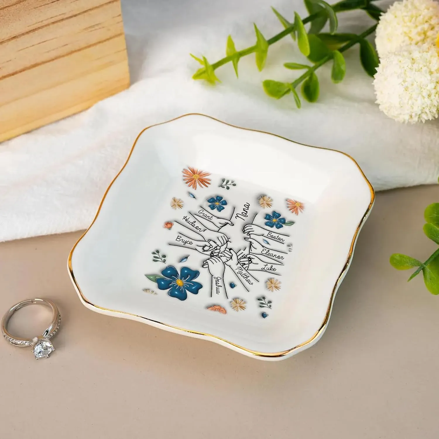 Personalized Birth flower Trinket Dish Name, Custom Ring Dish for Girl Women, Jewelry Dishs - Bridal Shower Gift - Mother's Day Gifts - Bride Gift - Bridesmaid GifT - Daughter Birthday Gifts/2