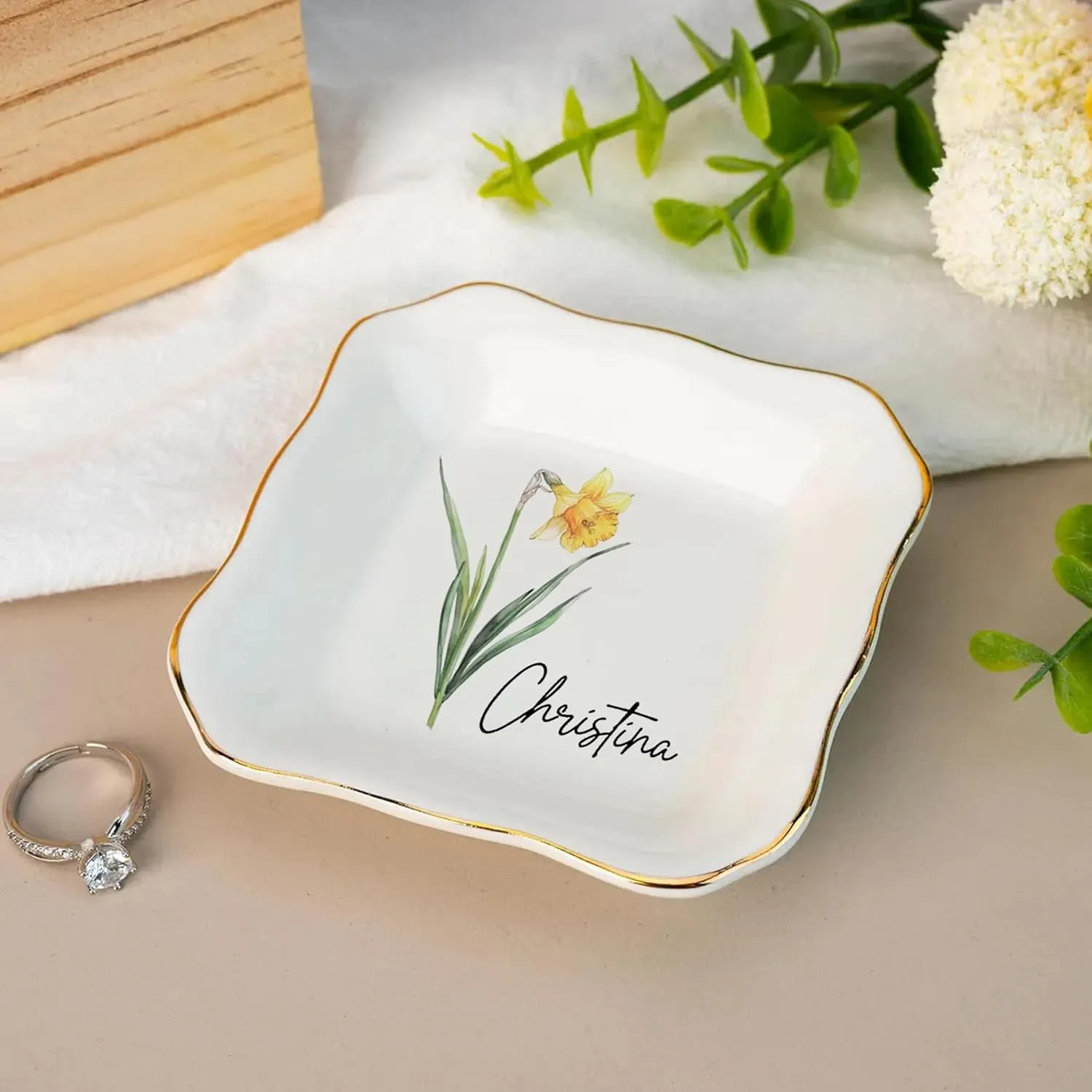 Personalized Birth flower Trinket Dish Name, Custom Ring Dish for Girl Women, Jewelry Dishs - Bridal Shower Gift - Mother's Day Gifts - Bride Gift - Bridesmaid GifT - Daughter Birthday Gifts/3