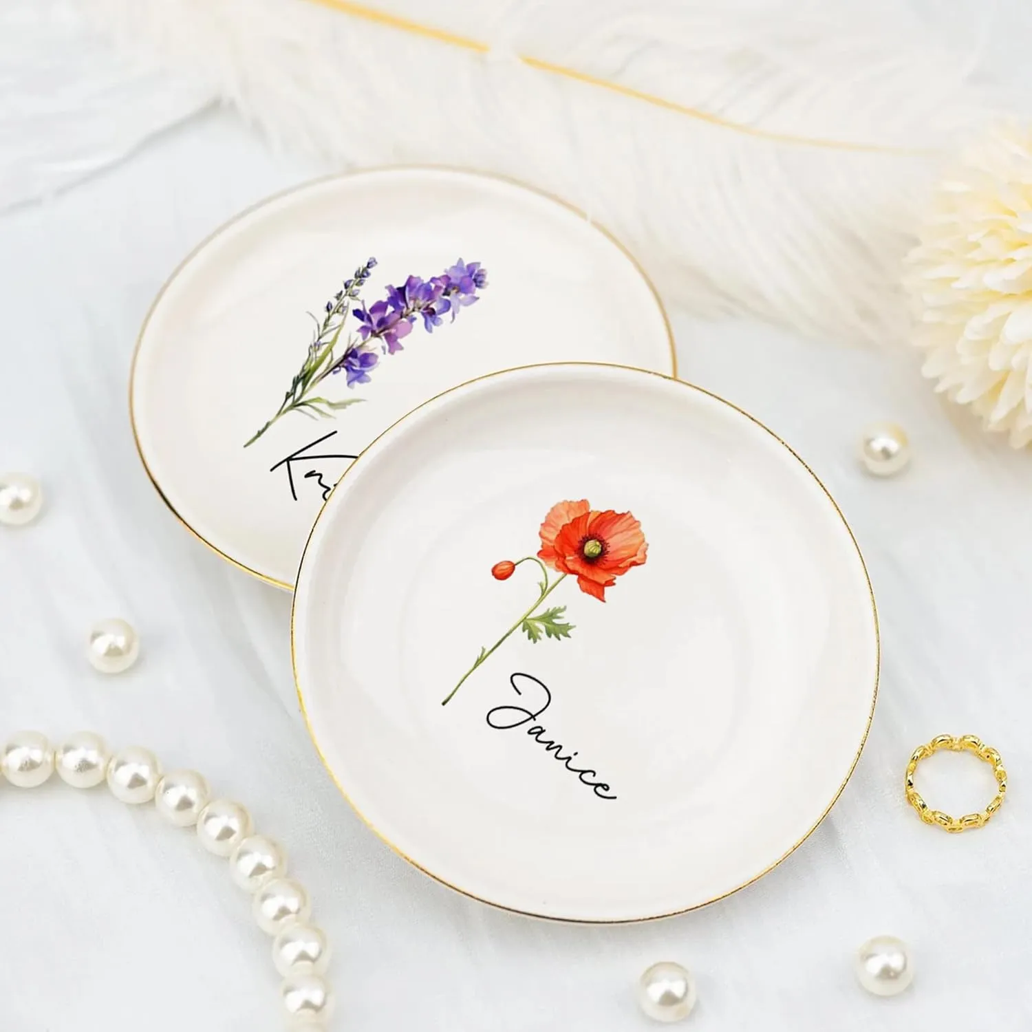 Personalized Birth flower Trinket Dish Name, Custom Ring Dish for Girl Women, Jewelry Dishs - Bridal Shower Gift - Mother's Day Gifts - Bride Gift - Bridesmaid GifT - Daughter Birthday Gifts