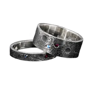 Personalized Birthstone Celestial Couple Ring Set/Viking Wedding/Rustic Engagement Ring/Family Birthstone Ring/Friendship ring