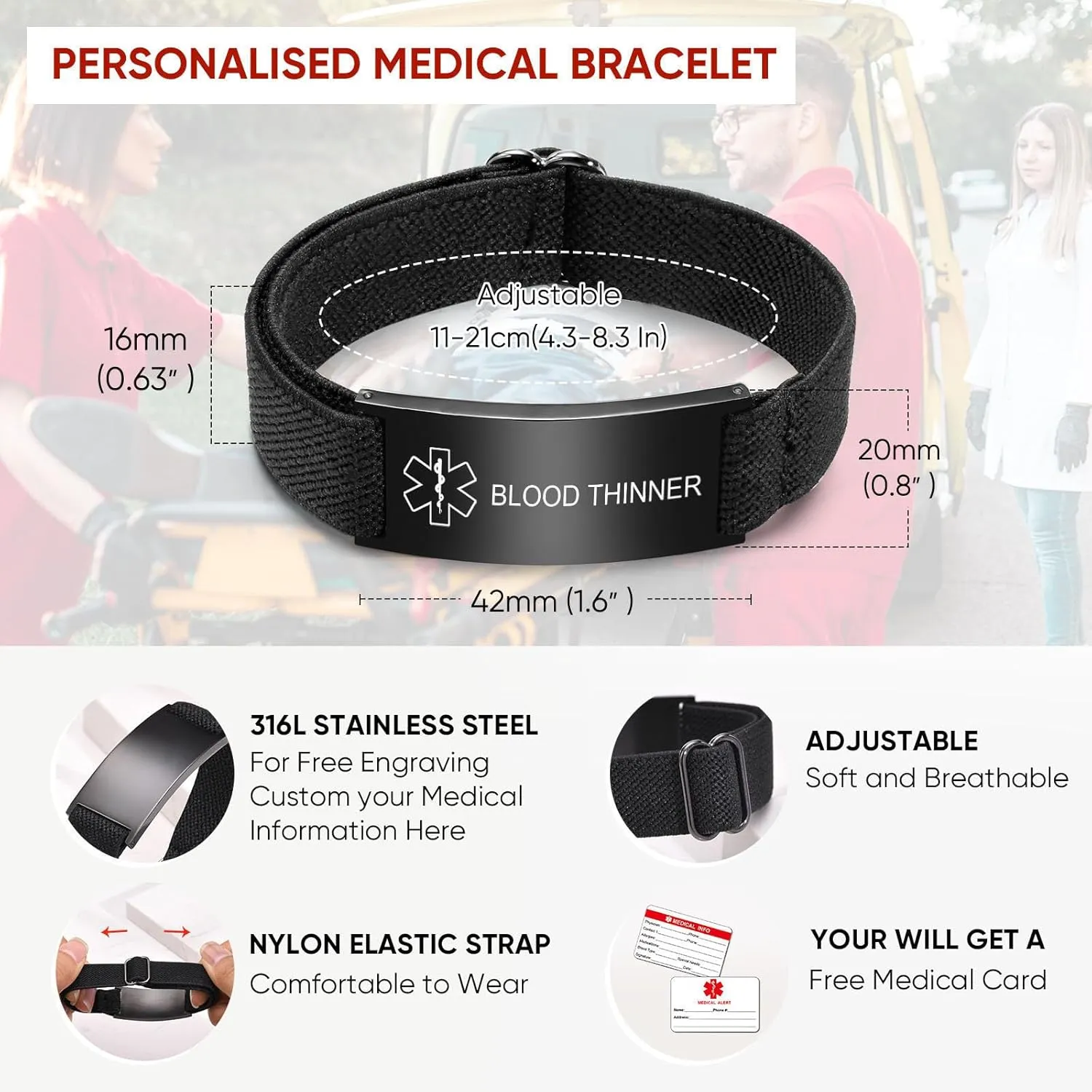 Personalized Medical Alert Bracelet for Men - Customized Elastic Strap Stainless Steel ID Bracelets Engraved Medic Info, Emergency Awareness Medic ID Bracelet for Autism Allergy Diabetic Epilepsy