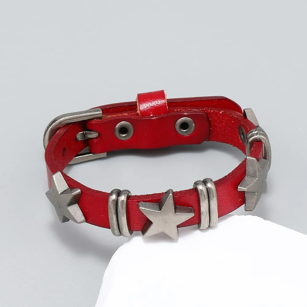 Pingyongchang Punk Leather Star Bracelet Leather Star Cuff Studded Wristband with Belt Buckler Bracelet for Men Women Vintage Wrap Star Leather Buckle Adjustable Bracelet Gifts Jewelry Accessories