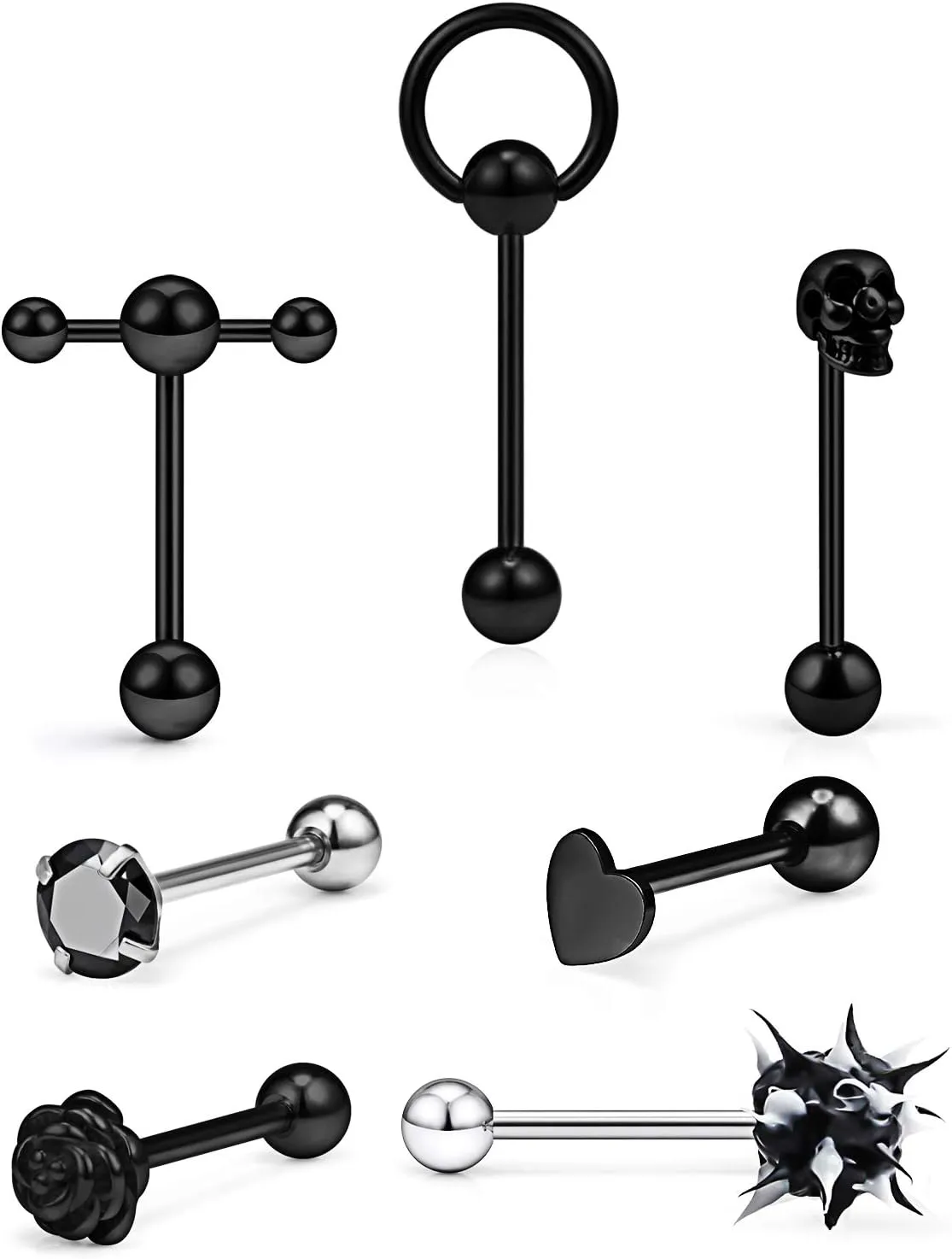Prjndjw 14G Tongue Rings Skull Tongue Rings Flower/Door Knocker/Silicone Soft Spike Ball/Heart/Cubic Zircon/Double Barbell Wiht Slave Tongue Rings for Women Men Body Piercing Jewelry