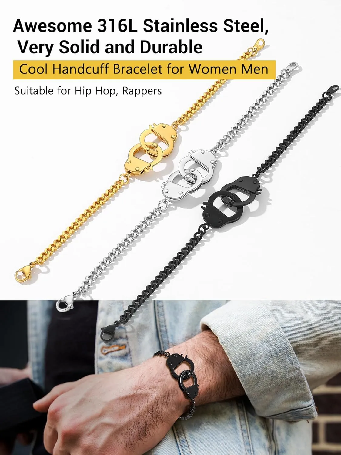 PROSTEEL Trendy Handcuffs Design/Customize Words Ankle Bracelet For Women, 316L Stainless Steel Anklets Silver/Gold/Black Tone, Hypoallergenic, Come with Box