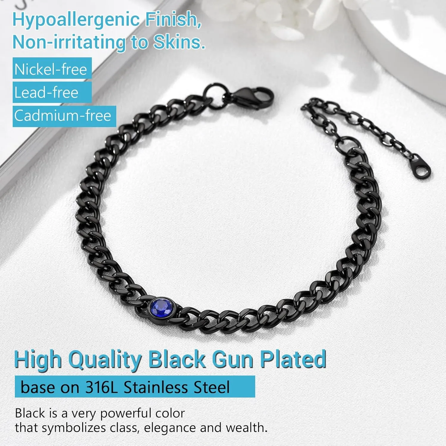 PROSTEEL Womens Cuban Links Chain Anklets with Birthstone Jan - Dec 12 Months Available, Black/18K Gold Plated Stainless Steel Chains, 22cm-27cm Adjustable, Come Box