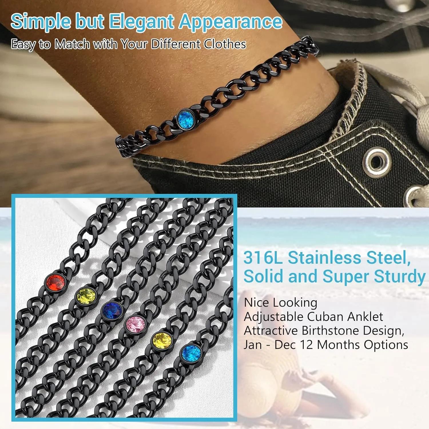 PROSTEEL Womens Cuban Links Chain Anklets with Birthstone Jan - Dec 12 Months Available, Black/18K Gold Plated Stainless Steel Chains, 22cm-27cm Adjustable, Come Box