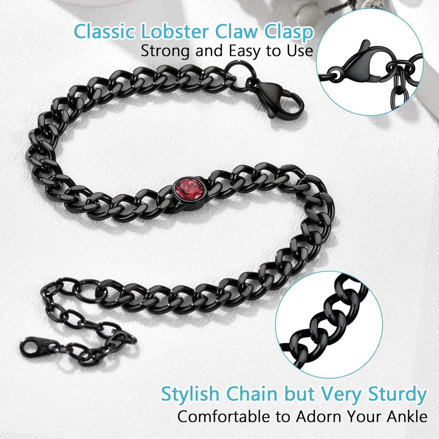 PROSTEEL Womens Cuban Links Chain Anklets with Birthstone Jan - Dec 12 Months Available, Black/18K Gold Plated Stainless Steel Chains, 22cm-27cm Adjustable, Come Box