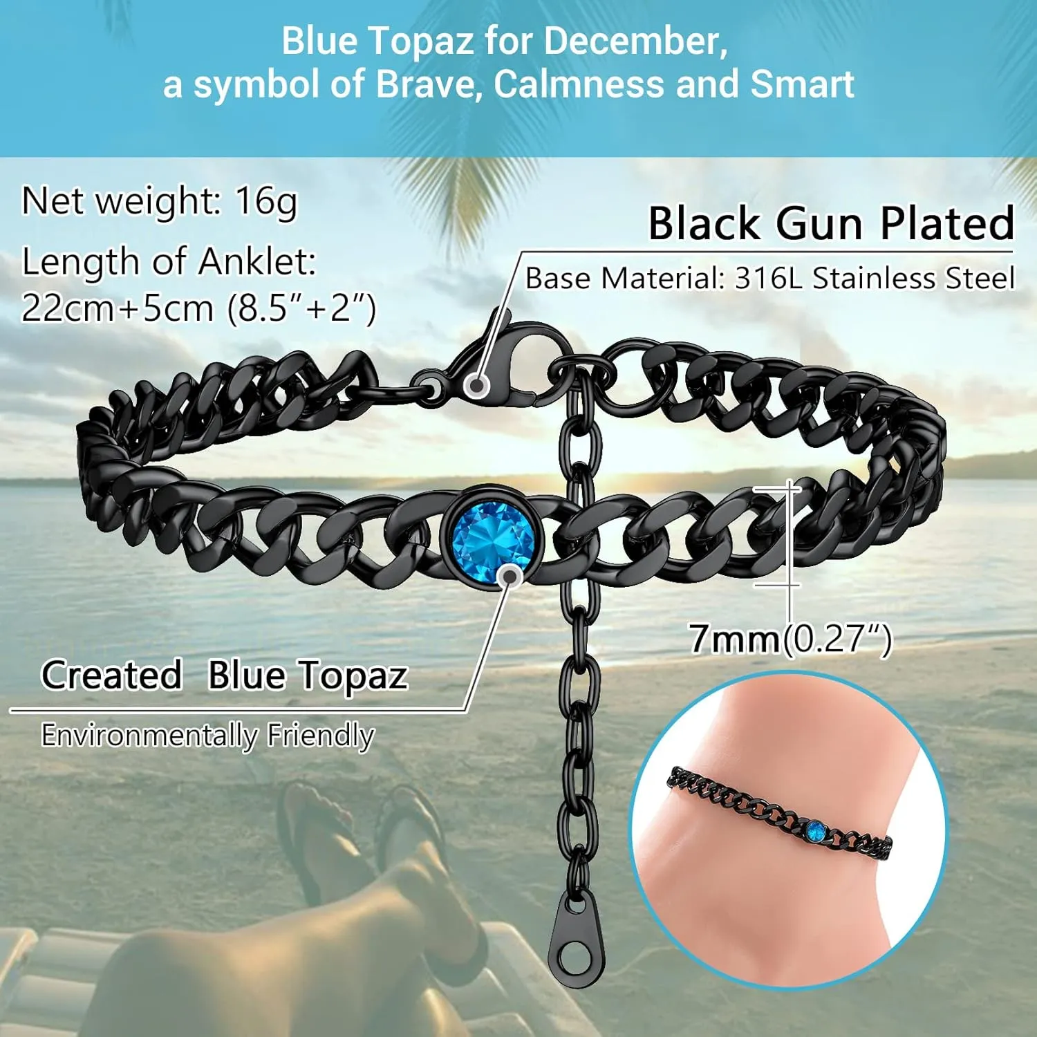 PROSTEEL Womens Cuban Links Chain Anklets with Birthstone Jan - Dec 12 Months Available, Black/18K Gold Plated Stainless Steel Chains, 22cm-27cm Adjustable, Come Box