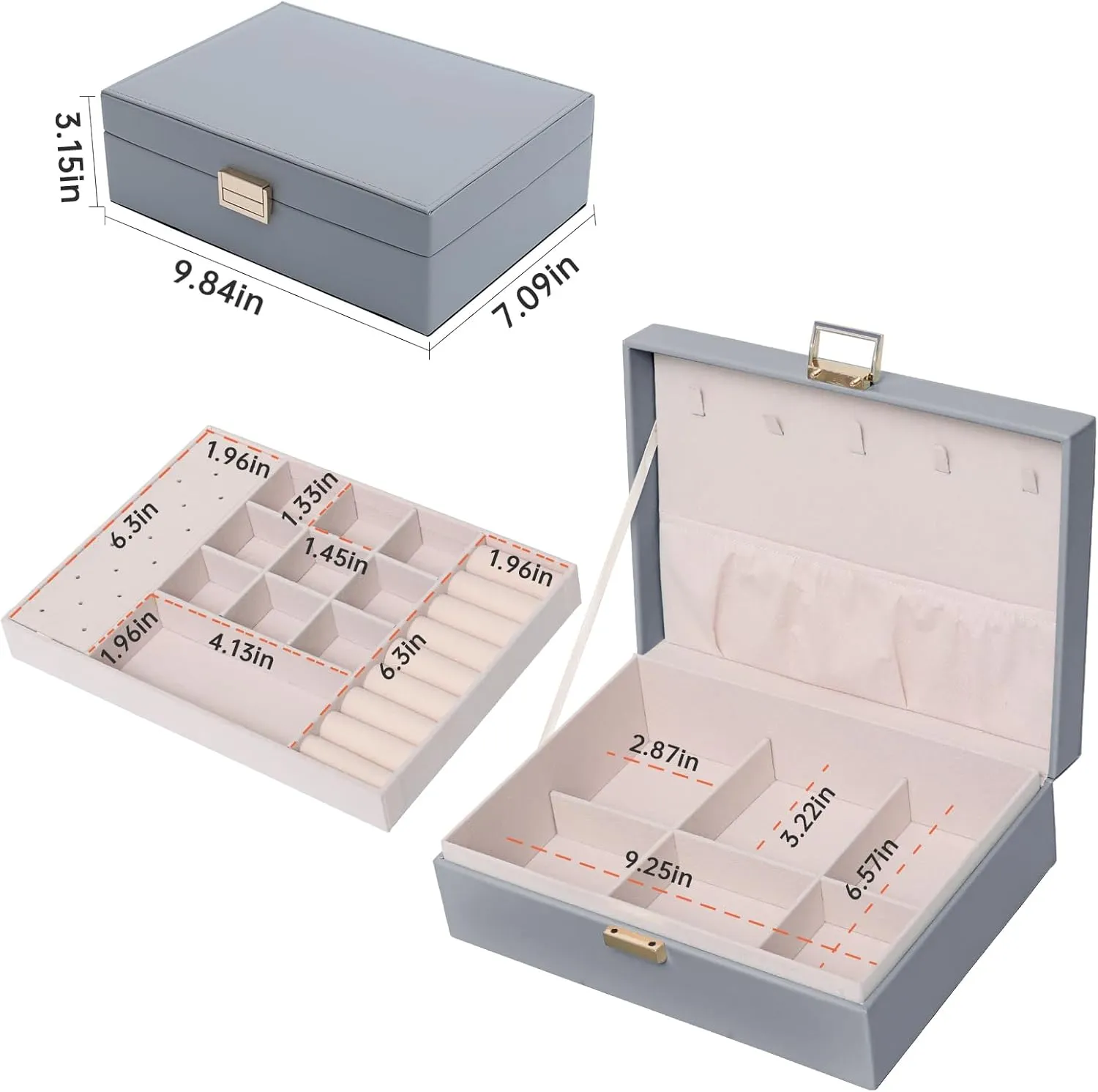 PU Leather Jewelry Box Organizer with 2 Layer Display Storage Cases and Removable Tray for Necklace, Earrings, Rings, Bracelets for Women Girls Gift, Grey