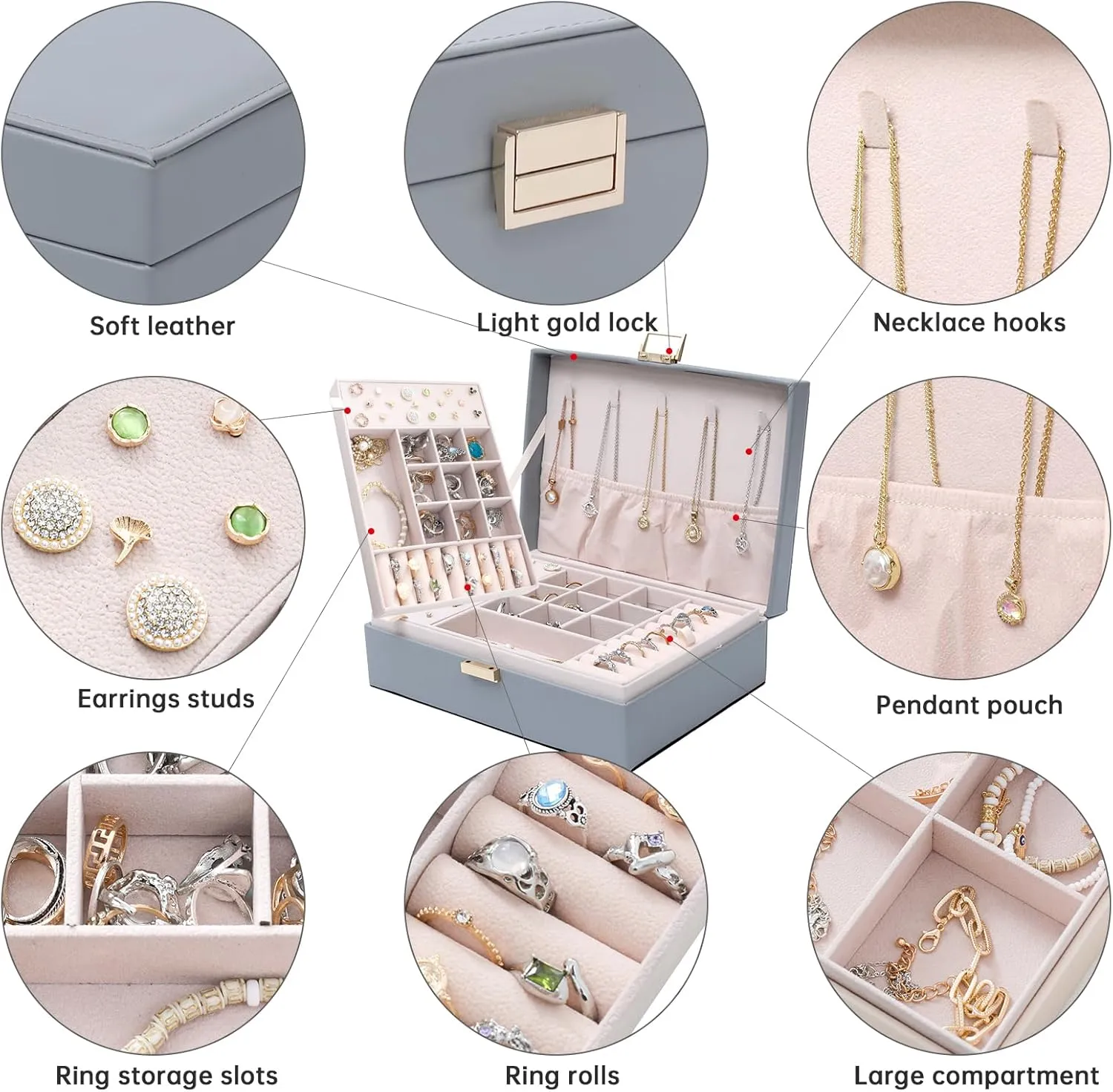 PU Leather Jewelry Box Organizer with 2 Layer Display Storage Cases and Removable Tray for Necklace, Earrings, Rings, Bracelets for Women Girls Gift, Grey