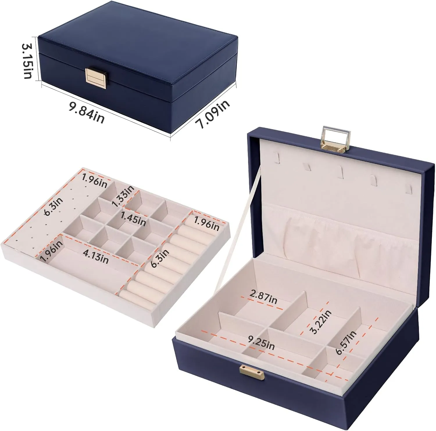 PU Leather Jewelry Box Organizer with 2 Layer Display Storage Cases and Removable Tray for Necklace, Earrings, Rings, Bracelets for Women Girls Gift, Navy Blue