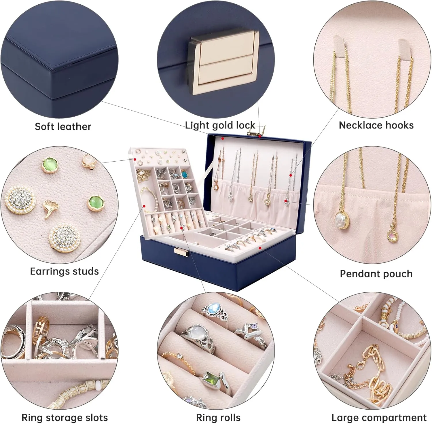 PU Leather Jewelry Box Organizer with 2 Layer Display Storage Cases and Removable Tray for Necklace, Earrings, Rings, Bracelets for Women Girls Gift, Navy Blue