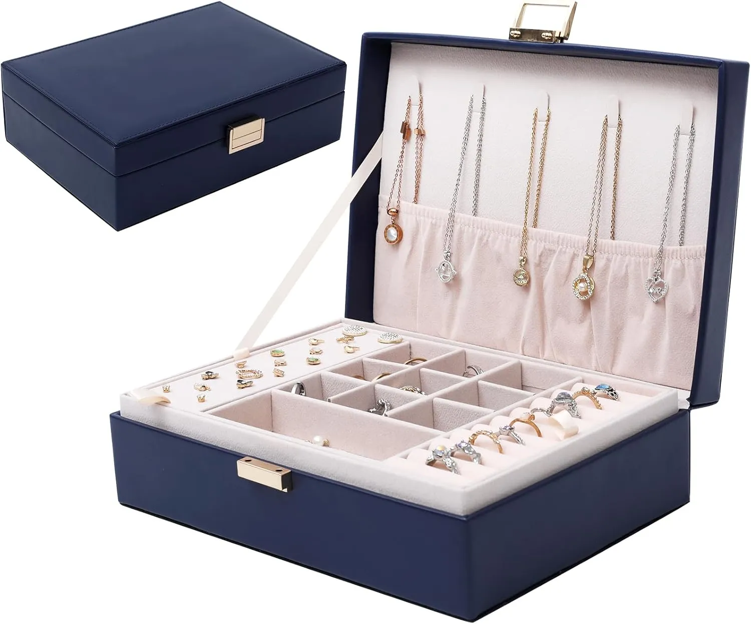 PU Leather Jewelry Box Organizer with 2 Layer Display Storage Cases and Removable Tray for Necklace, Earrings, Rings, Bracelets for Women Girls Gift, Navy Blue