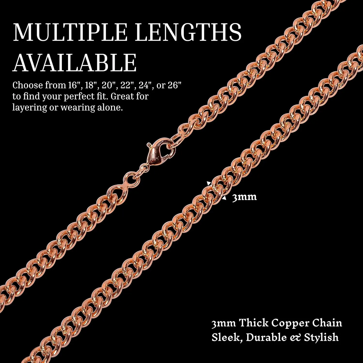 Pure Copper Cuban Link Chain Necklace for Men & Women, Heavy Solid Copper Statement Jewelry Gift, Multiple Lengths (1626 Inch)