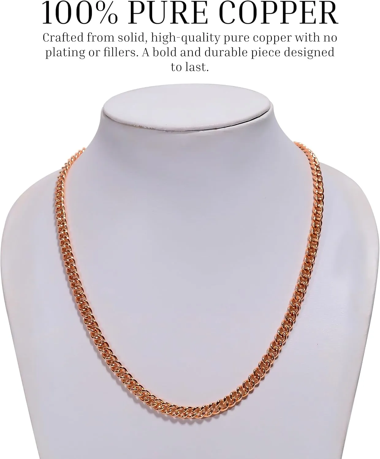 Pure Copper Cuban Link Chain Necklace for Men & Women, Heavy Solid Copper Statement Jewelry Gift, Multiple Lengths (1626 Inch)