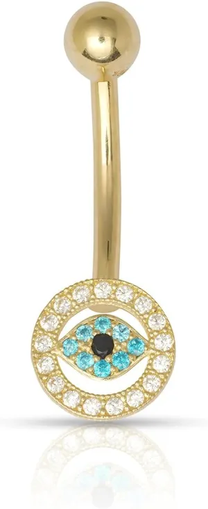 Real 10k Yellow Gold 14G Blue/Black Simulated Diamond CZ Evil eye Belly Ring (8mm x 24mm)