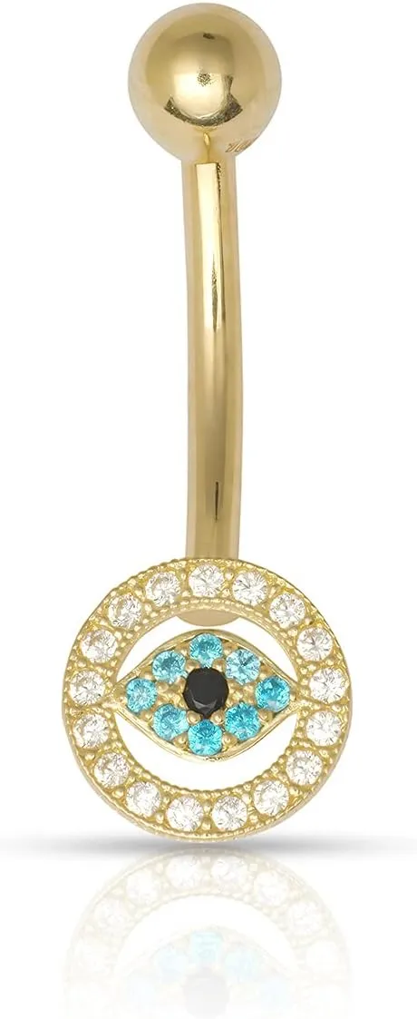 Real 10k Yellow Gold 14G Blue/Black Simulated Diamond CZ Evil eye Belly Ring (8mm x 24mm)