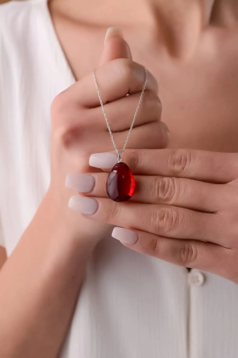 Red Amber Pendant Necklace with 18 inch 925 Sterling Silver Chain, Ruby Puff Amber Necklace for Women, Amber Stone Jewelry, HandMade from Amber (Red Puff Silver)