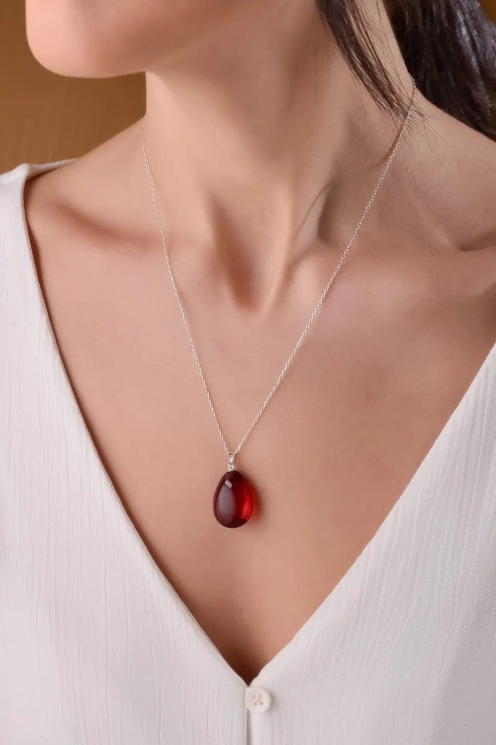Red Amber Pendant Necklace with 18 inch 925 Sterling Silver Chain, Ruby Puff Amber Necklace for Women, Amber Stone Jewelry, HandMade from Amber (Red Puff Silver)