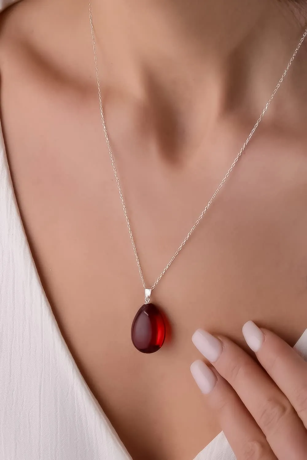 Red Amber Pendant Necklace with 18 inch 925 Sterling Silver Chain, Ruby Puff Amber Necklace for Women, Amber Stone Jewelry, HandMade from Amber (Red Puff Silver)