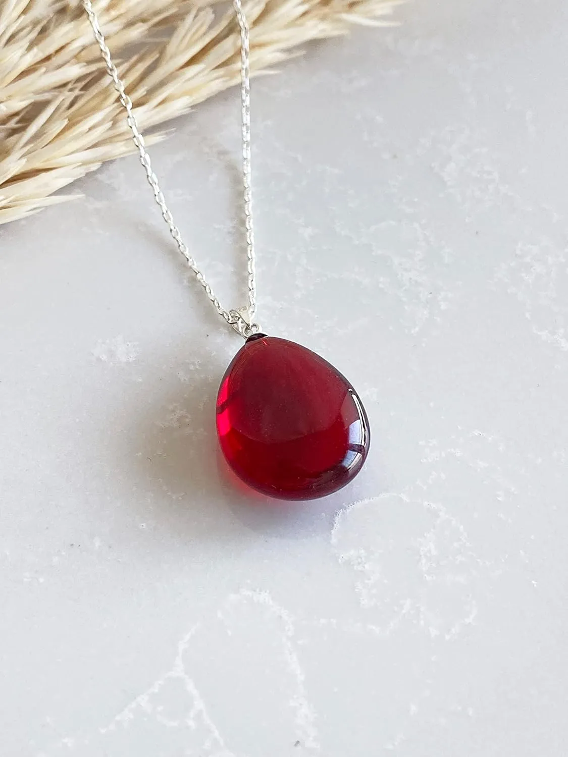 Red Amber Pendant Necklace with 18 inch 925 Sterling Silver Chain, Ruby Puff Amber Necklace for Women, Amber Stone Jewelry, HandMade from Amber (Red Puff Silver)