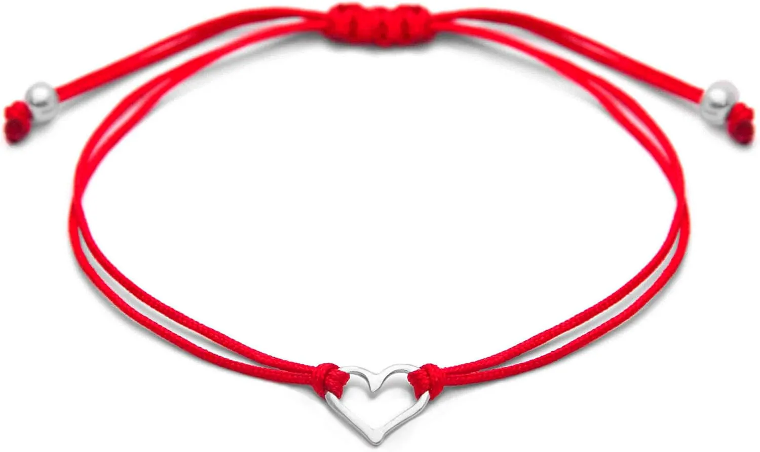 Red Womens Friendship Bracelet, Small Handmade Sterling Silver 925 Open Heart Shaped Charm, Pull Adjustable Kindred Cord Thread. Handmade Heart Gift Set