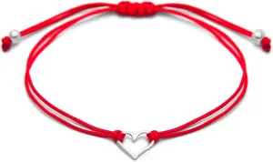 Red Womens Friendship Bracelet, Small Handmade Sterling Silver 925 Open Heart Shaped Charm, Pull Adjustable Kindred Cord Thread. Handmade Heart Gift Set