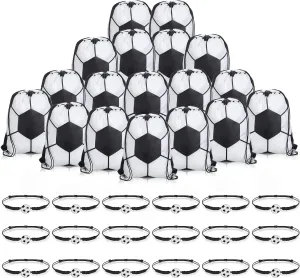 Reginary 18 Pcs Soccer Drawstring Bag and 18 Pcs Soccer Bracelet Bulk, Football Goodie Bags Drawstring Backpack Adjustable Braided Charm Bracelet Party Favors Supplies Gift for Boys Girls
