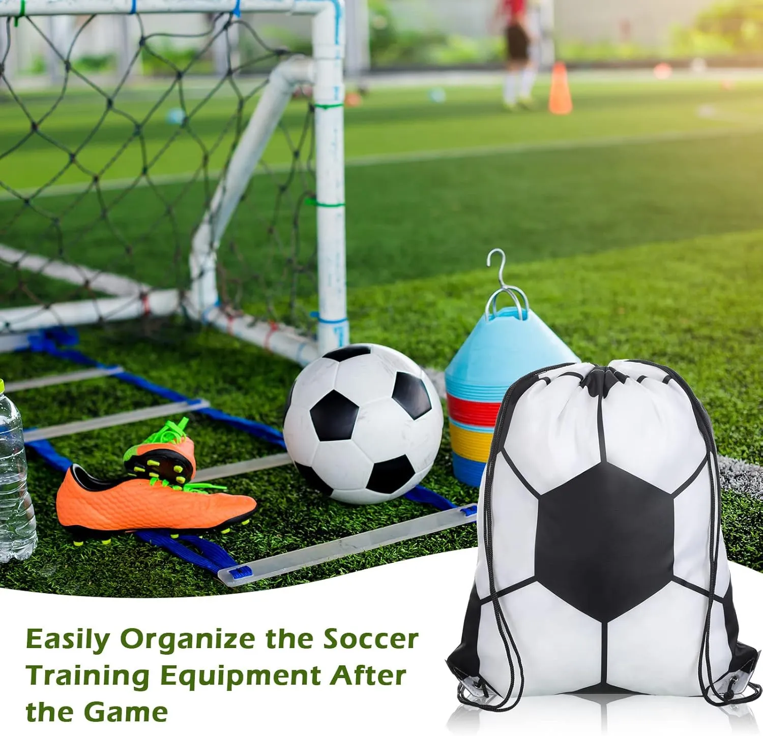 Reginary 18 Pcs Soccer Drawstring Bag and 18 Pcs Soccer Bracelet Bulk, Football Goodie Bags Drawstring Backpack Adjustable Braided Charm Bracelet Party Favors Supplies Gift for Boys Girls