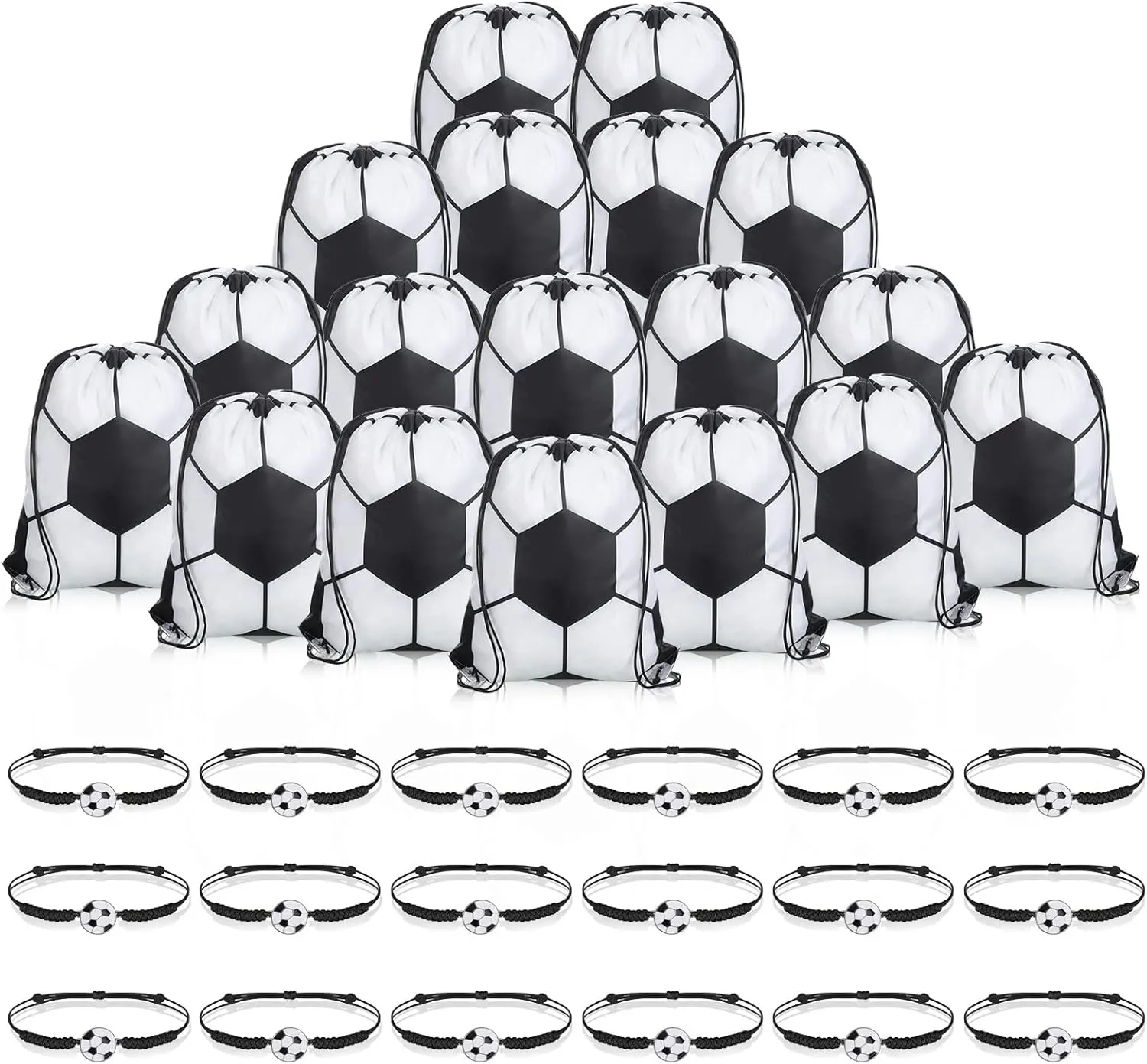 Reginary 18 Pcs Soccer Drawstring Bag and 18 Pcs Soccer Bracelet Bulk, Football Goodie Bags Drawstring Backpack Adjustable Braided Charm Bracelet Party Favors Supplies Gift for Boys Girls