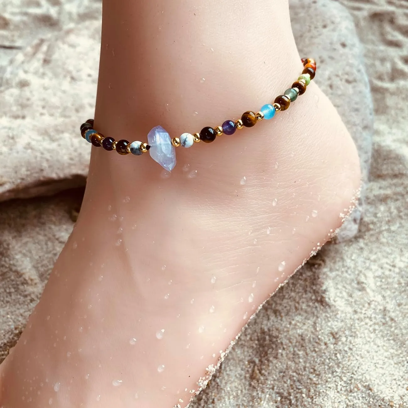 Reiki 7 Chakra Beaded Anklet Raw Amethyst Ankle Bracelets for Women Spiritual Crystals Meditation Yoga Foot Jewelry