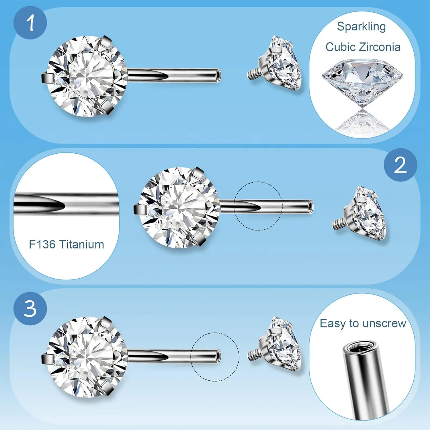 REVOLIA 3Pcs 14G F136 Titanium Belly Button Rings for Women Hypoallergenic Cubic Zirconia Navel Rings Heart Belly Rings Sliver Pretty Belly Piercing Barbells 6-16mm
