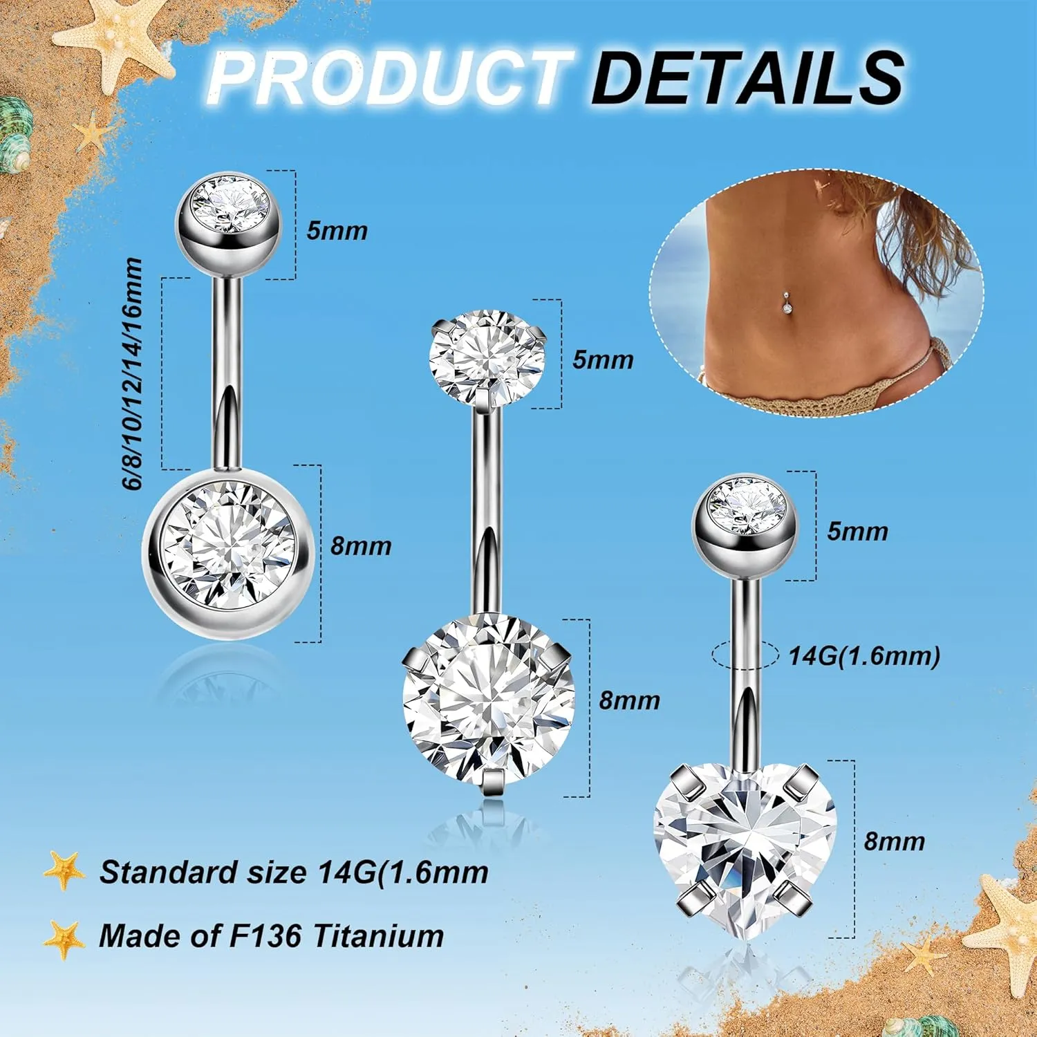 REVOLIA 3Pcs 14G F136 Titanium Belly Button Rings for Women Hypoallergenic Cubic Zirconia Navel Rings Heart Belly Rings Sliver Pretty Belly Piercing Barbells 6-16mm