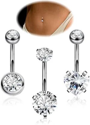 REVOLIA 3Pcs 14G F136 Titanium Belly Button Rings for Women Hypoallergenic Cubic Zirconia Navel Rings Heart Belly Rings Sliver Pretty Belly Piercing Barbells 6-16mm