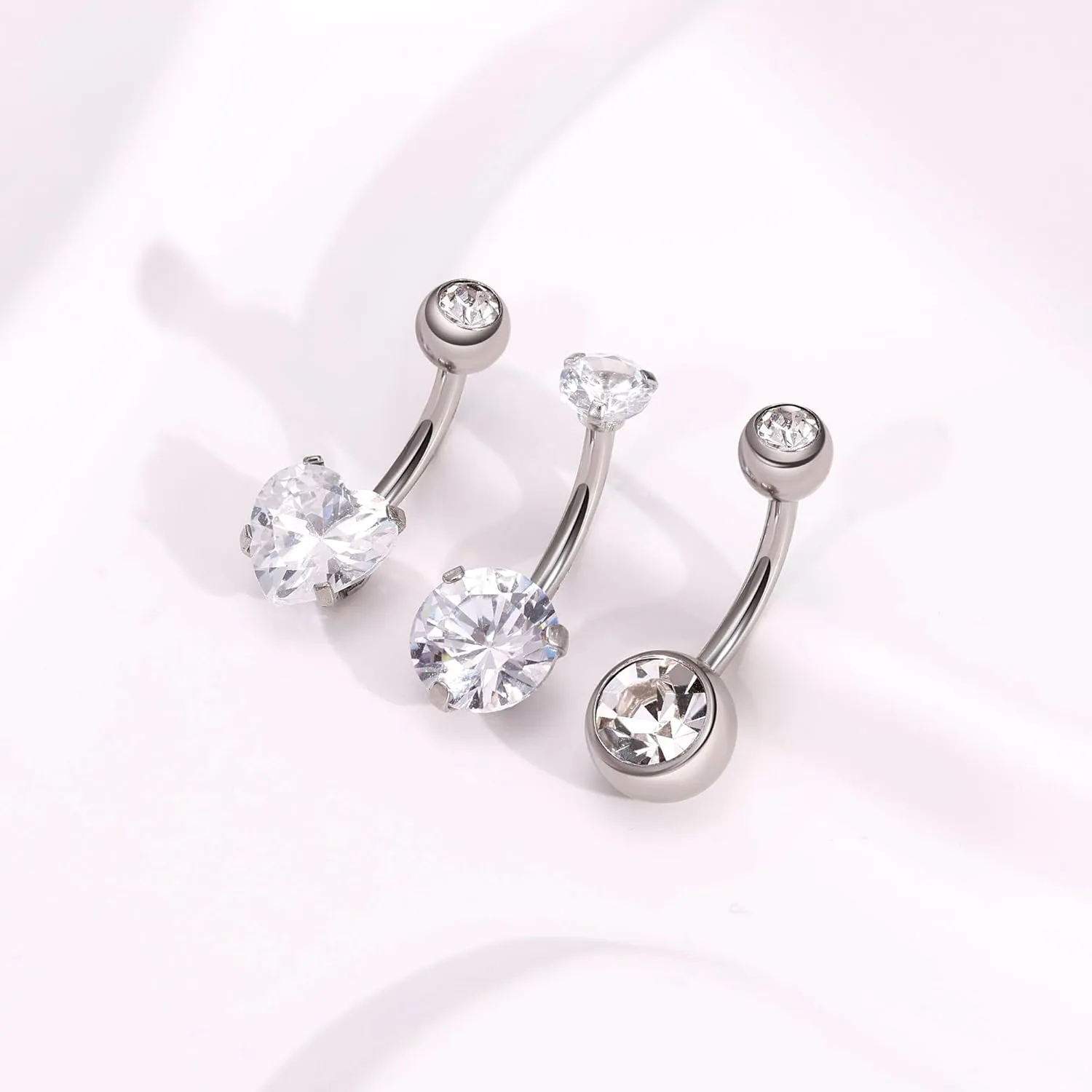 REVOLIA 3Pcs 14G F136 Titanium Belly Button Rings for Women Hypoallergenic Cubic Zirconia Navel Rings Heart Belly Rings Sliver Pretty Belly Piercing Barbells 6-16mm