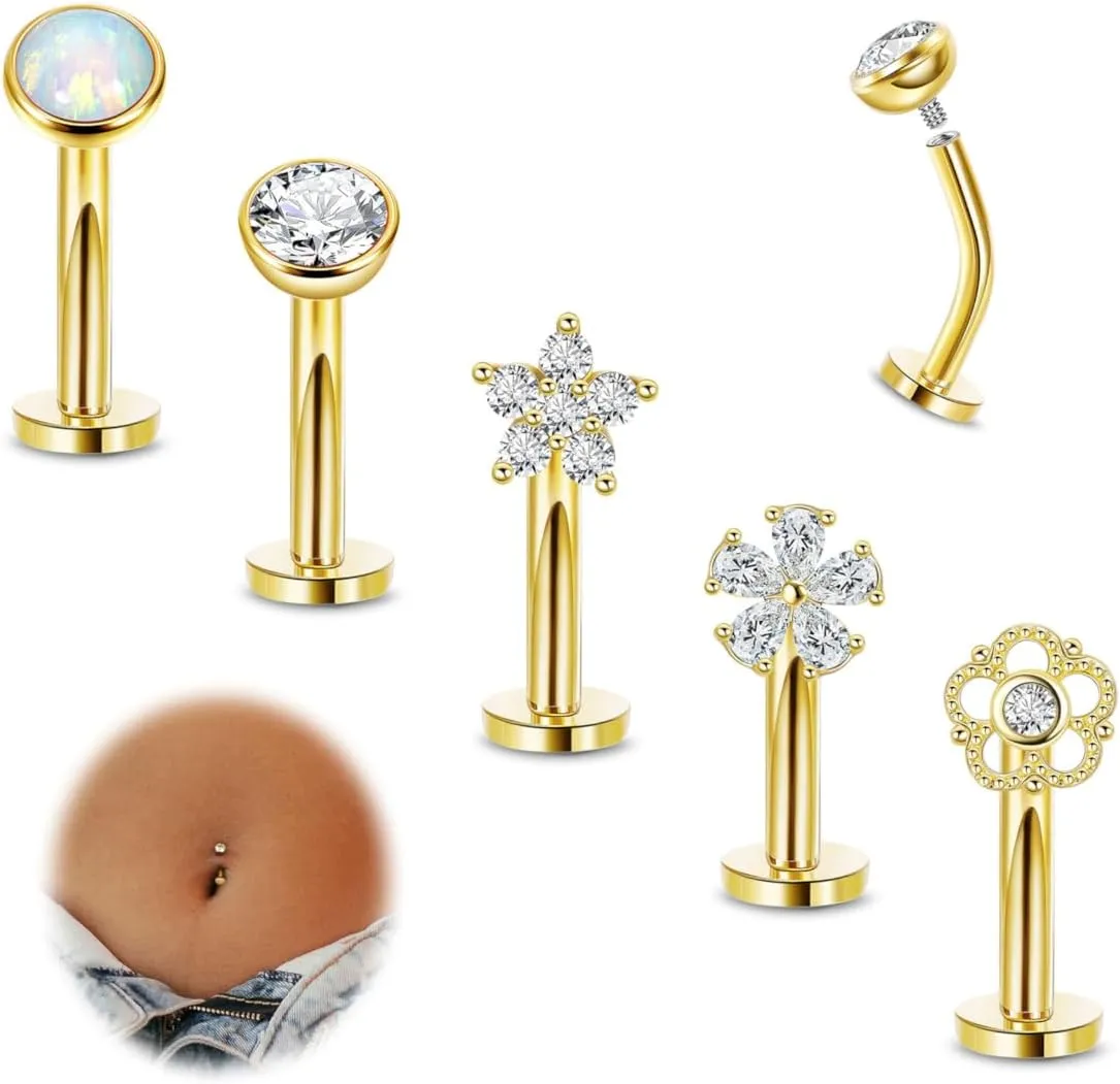REVOLIA 5Pcs 14G Surgical Steel Floating Belly Button Rings for Women Flat Back Petite Belly Ring Opal Flower CZ Small Navel Rings Internally Threaded Belly Piercing Jewelry 8/10/12/14mm