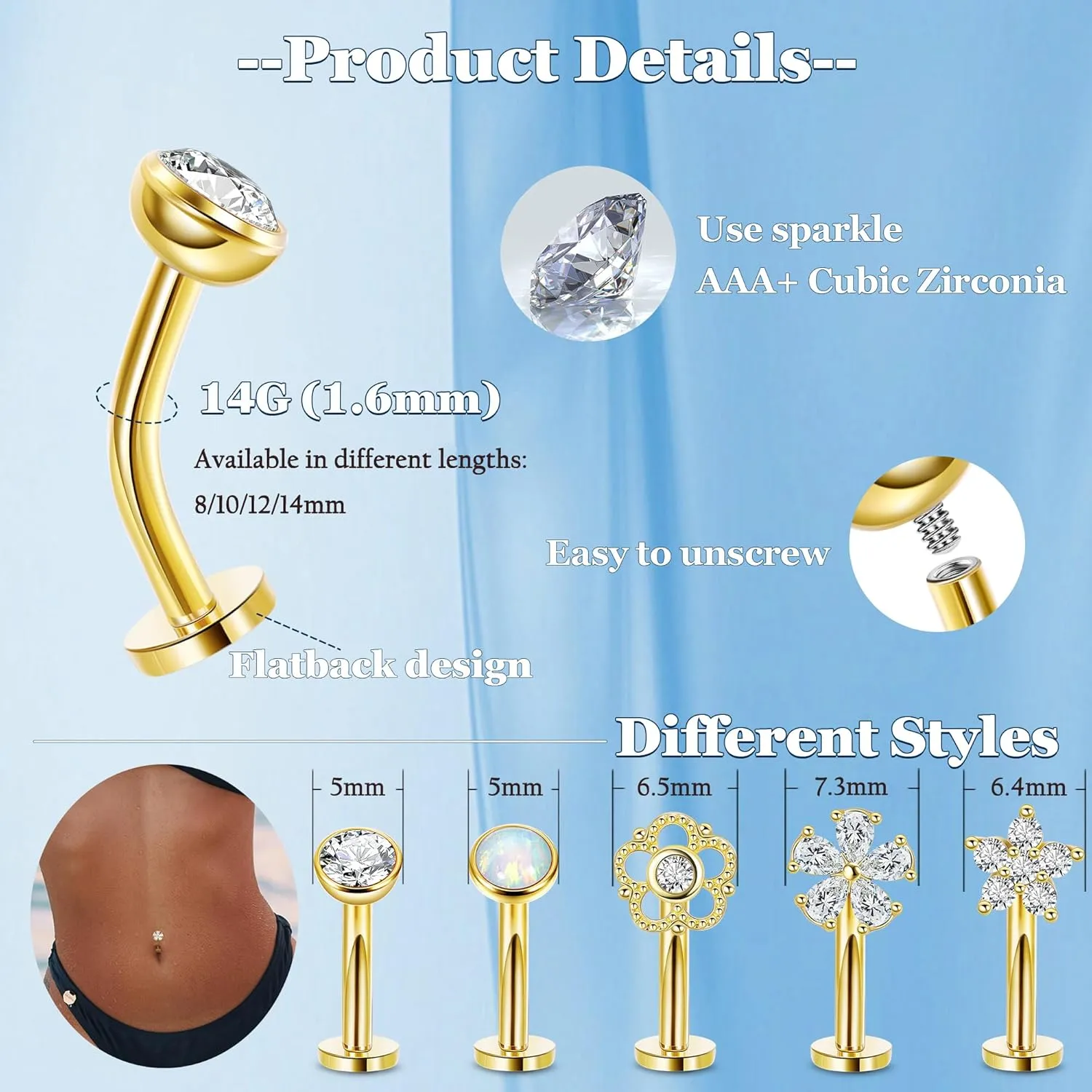 REVOLIA 5Pcs 14G Surgical Steel Floating Belly Button Rings for Women Flat Back Petite Belly Ring Opal Flower CZ Small Navel Rings Internally Threaded Belly Piercing Jewelry 8/10/12/14mm