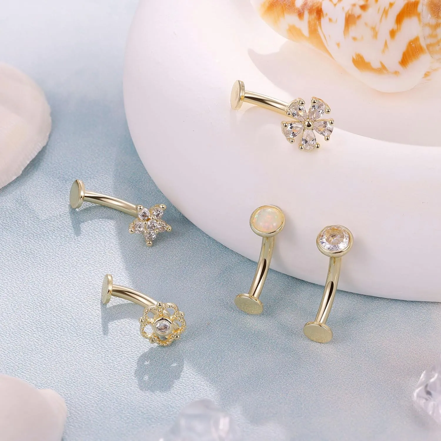 REVOLIA 5Pcs 14G Surgical Steel Floating Belly Button Rings for Women Flat Back Petite Belly Ring Opal Flower CZ Small Navel Rings Internally Threaded Belly Piercing Jewelry 8/10/12/14mm