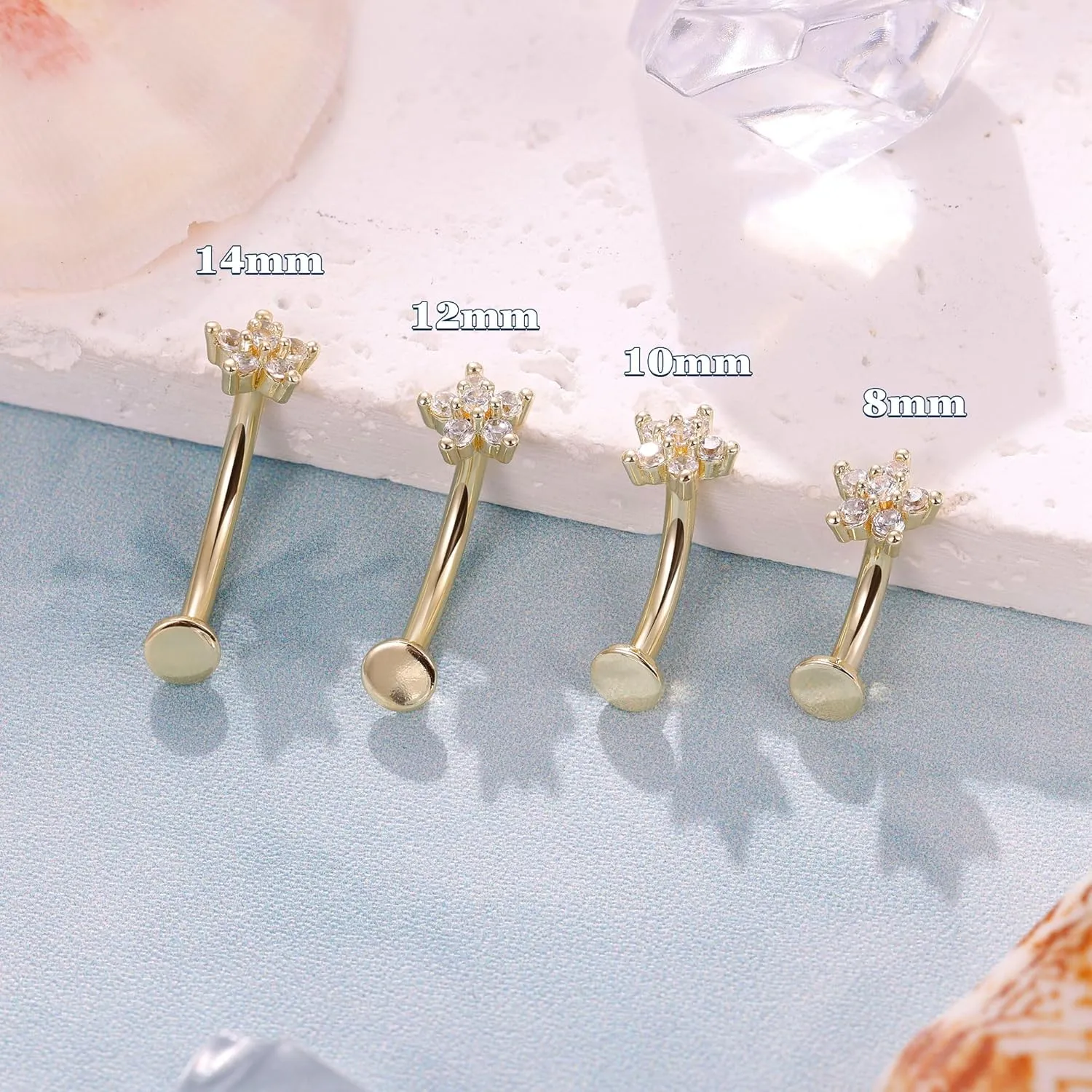 REVOLIA 5Pcs 14G Surgical Steel Floating Belly Button Rings for Women Flat Back Petite Belly Ring Opal Flower CZ Small Navel Rings Internally Threaded Belly Piercing Jewelry 8/10/12/14mm