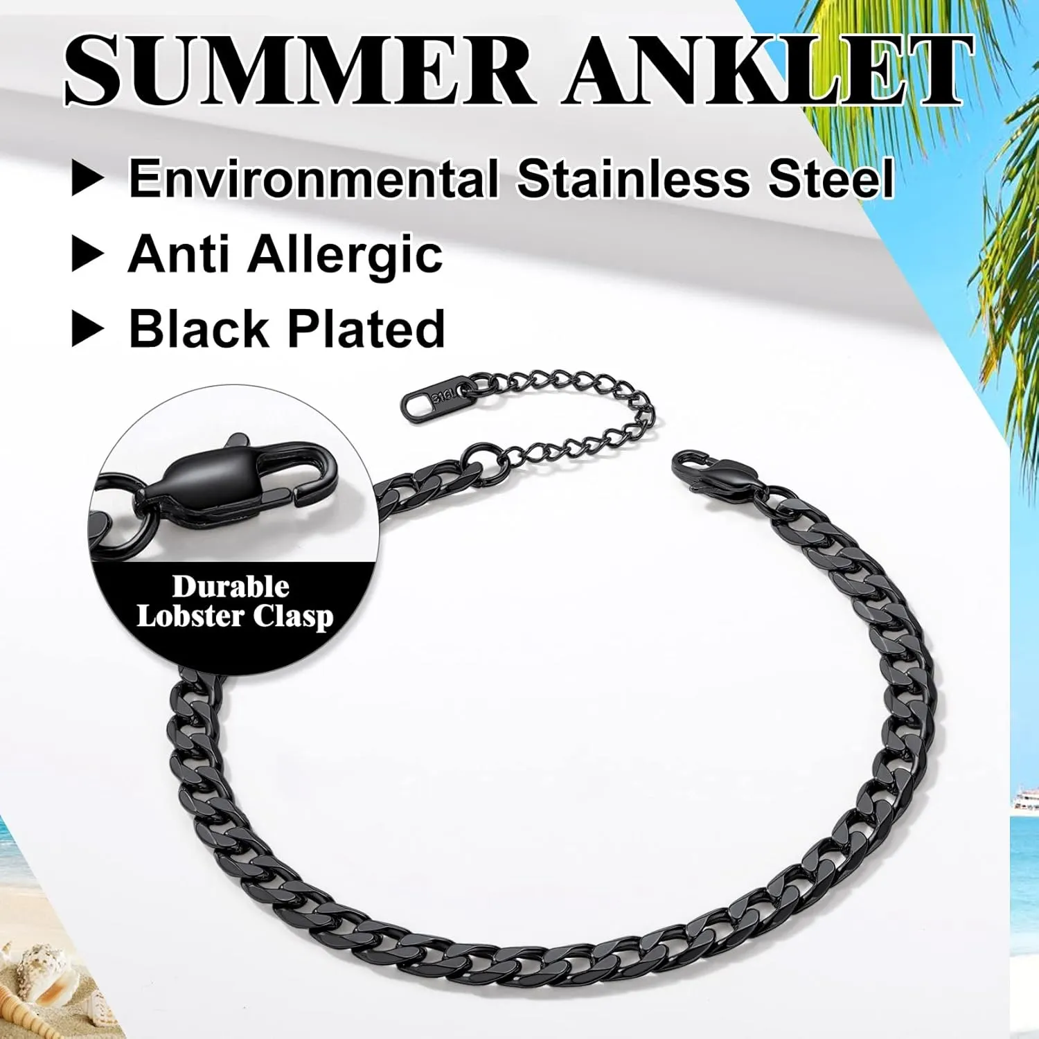 Richsteel Anklets for Women Cuban/Figaro/Spiga Wheat Chain Stainless Steel/18K Gold Plated Ankle Bracelet Beach Waterproof Foot Jewelry