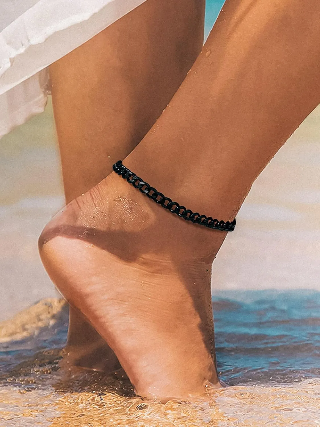 Richsteel Anklets for Women Cuban/Figaro/Spiga Wheat Chain Stainless Steel/18K Gold Plated Ankle Bracelet Beach Waterproof Foot Jewelry