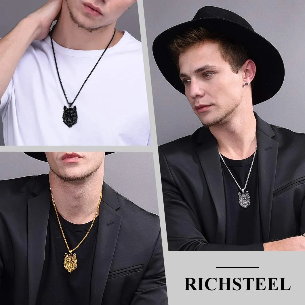Richsteel Necklaces for Men 316 Stainless Steel/18K Gold Plated/Black Wolf Pendant Viking Nordic Jewelry