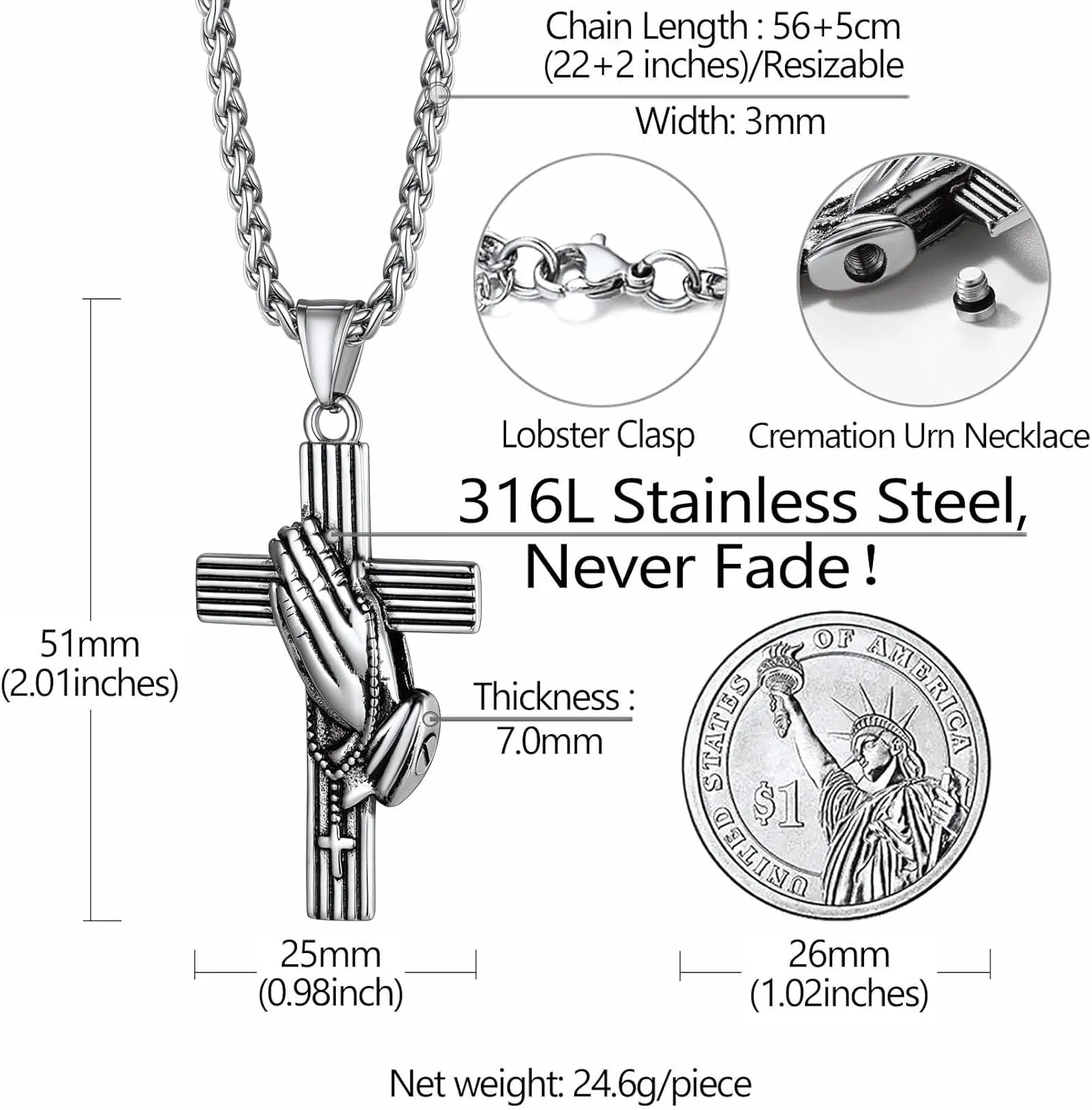 Richsteel Urn Necklace for Ashes Cremation Jewelry Memorial Keepsake Pendant with Chain