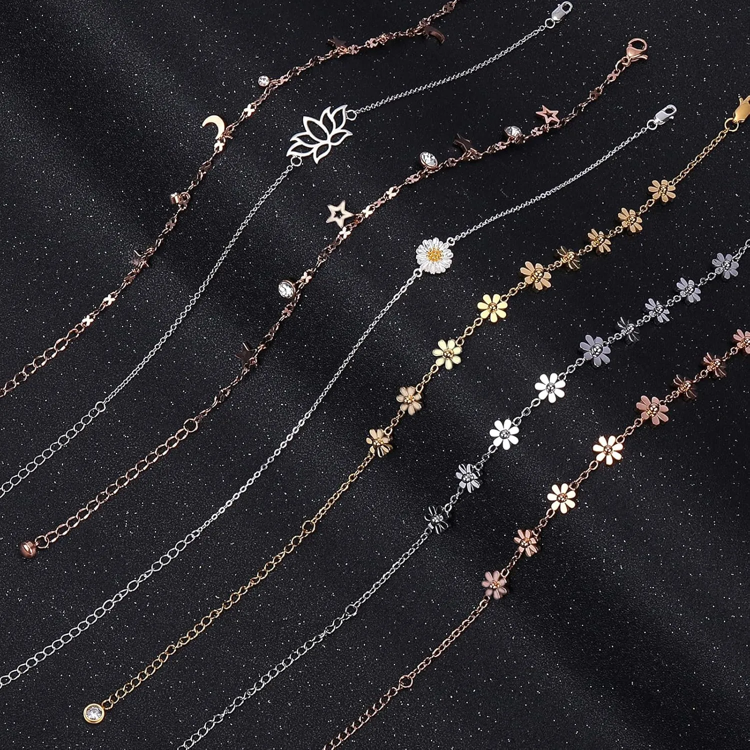 Rose Gold/Gold/Gunmetal/Stainless Steel Color Daisy Ankle Bracelets for Women Cute Flower Anklet Adjustable Anklet Jewelry Gifts for Women