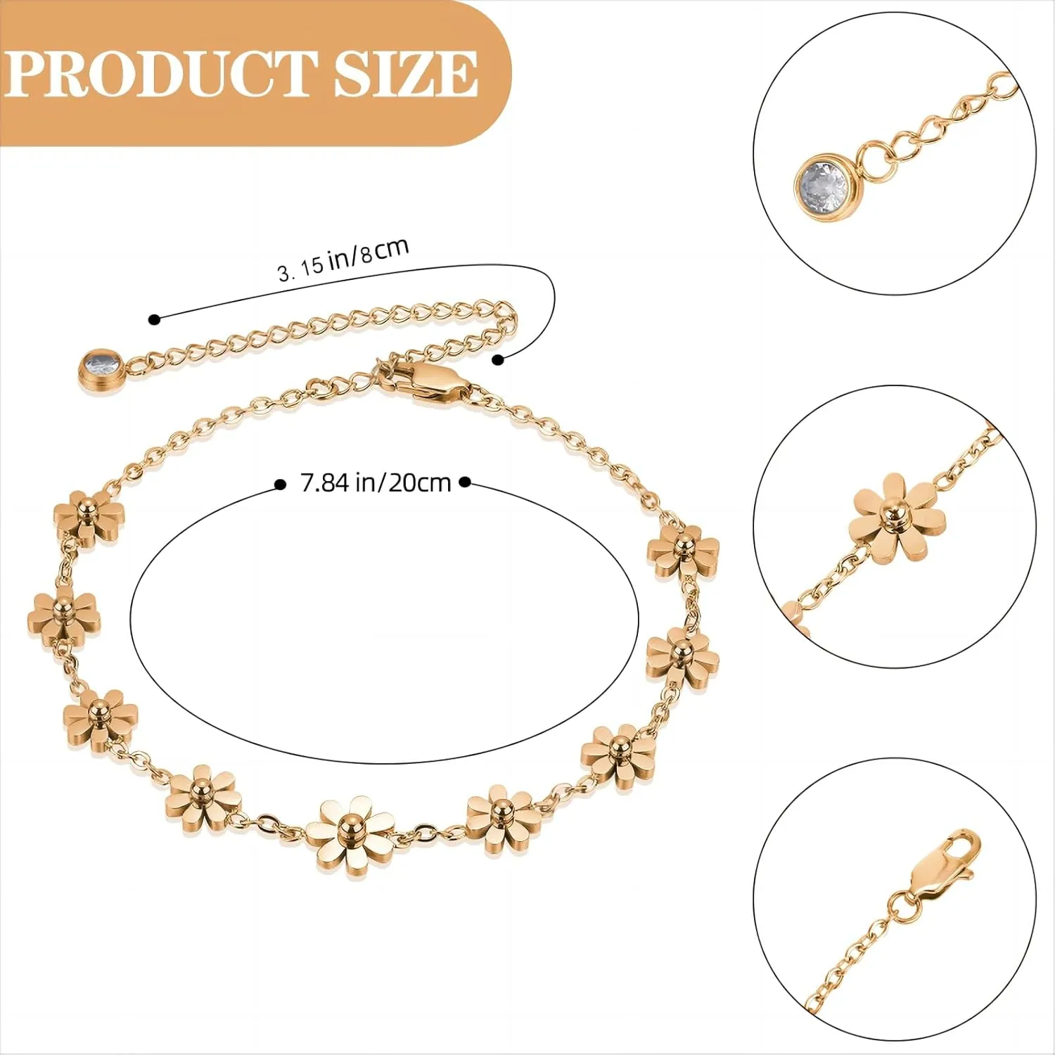 Rose Gold/Gold/Gunmetal/Stainless Steel Color Daisy Ankle Bracelets for Women Cute Flower Anklet Adjustable Anklet Jewelry Gifts for Women