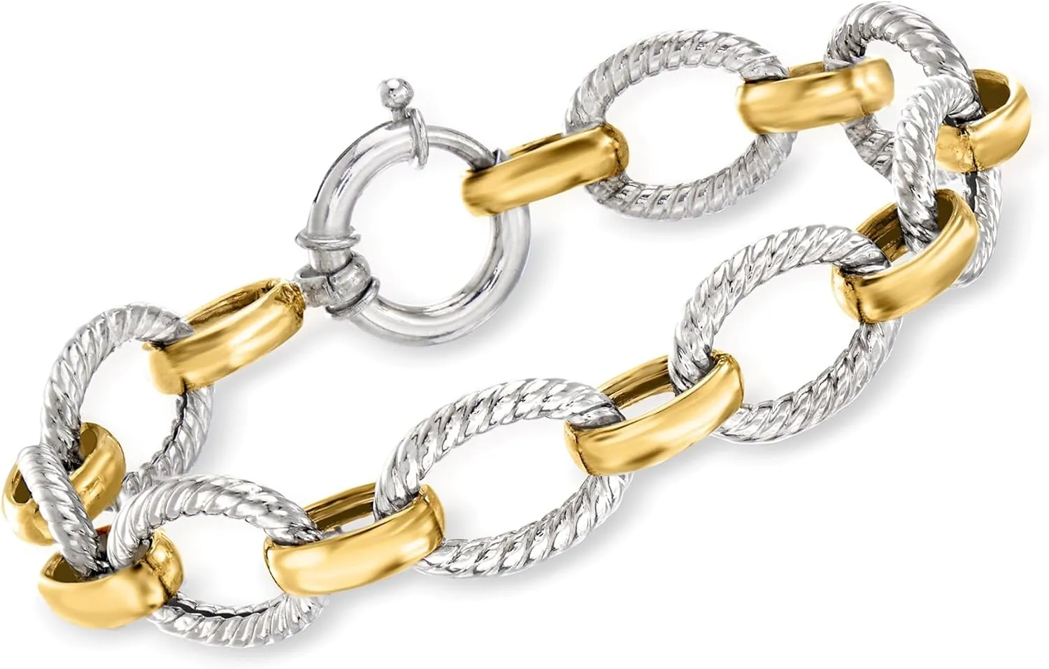 Ross-Simons Sterling Silver and 18kt Gold Over Sterling Silver Twisted-Oval Link Bracelet. 8 inches