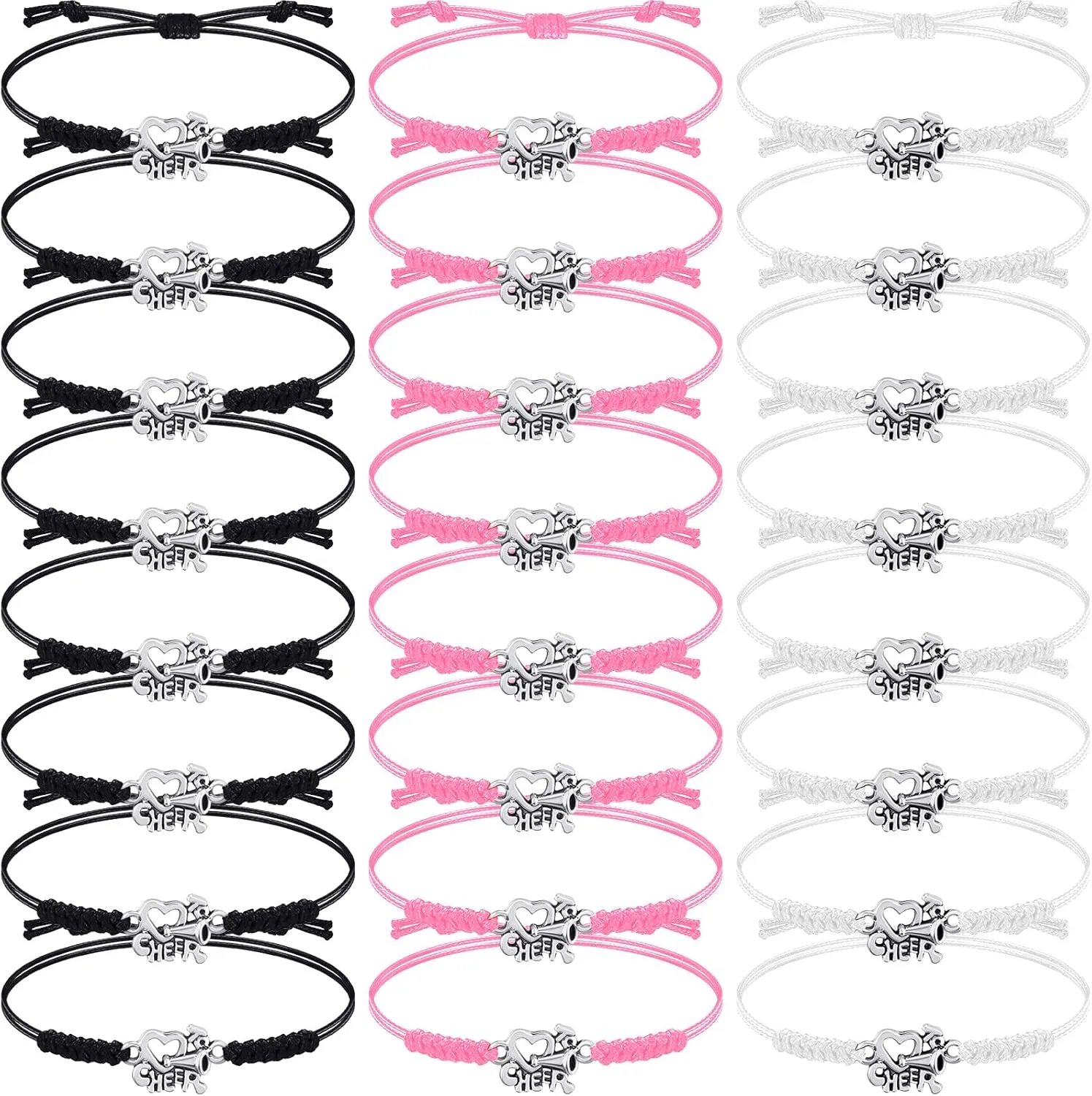 Rtteri 24 Pieces Cheer Gifts for Cheerleaders Adjustable Cheers Charm Bracelets Cheerleader Gifts for Cheer Team Bulk(Black, White, Pink)